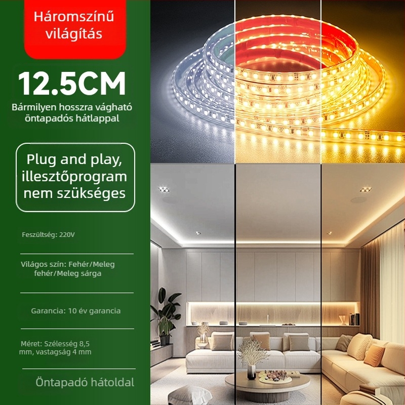 Két színű LED szilikon világító szalag, 220V, vízálló, nappali mennyezeti vonalvilágítás
