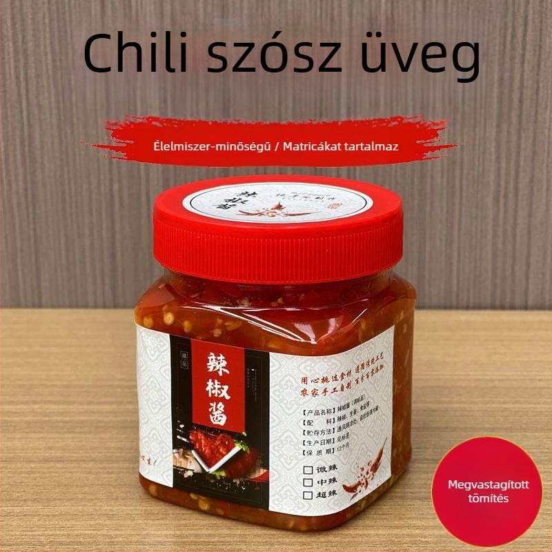 Élelmiszer-minőségű, átlátszó műanyag üveg fedéllel, hermetikus zárású, chiliszószhoz, 0,5 kg