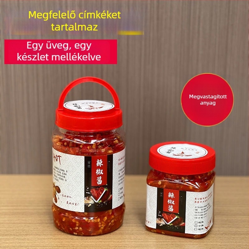 Élelmiszer-minőségű, átlátszó műanyag üveg fedéllel, hermetikus zárású, chiliszószhoz, 0,5 kg
