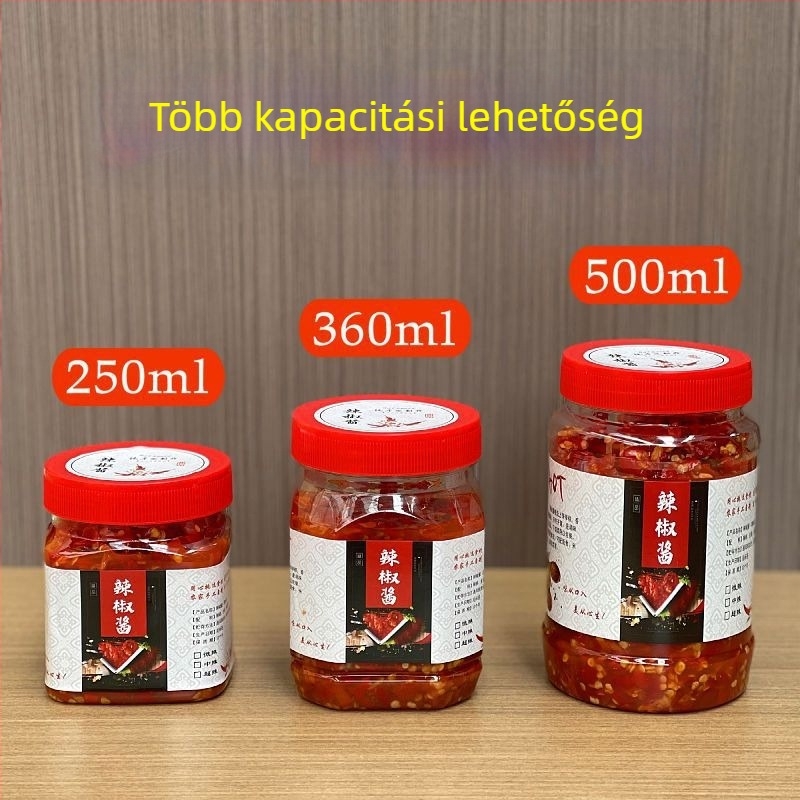 Élelmiszer-minőségű, átlátszó műanyag üveg fedéllel, hermetikus zárású, chiliszószhoz, 0,5 kg