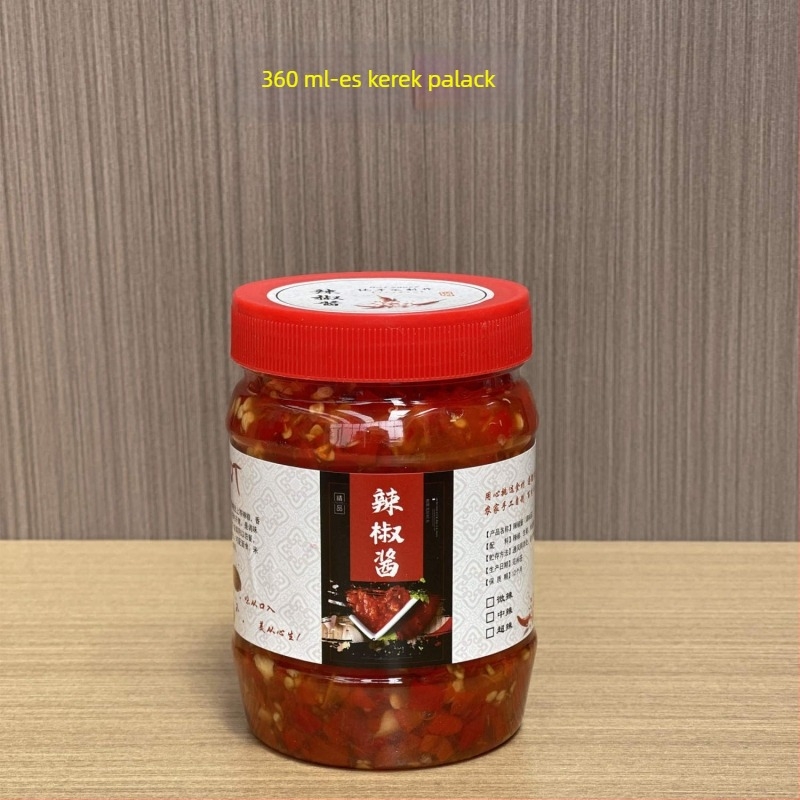 Élelmiszer-minőségű, átlátszó műanyag üveg fedéllel, hermetikus zárású, chiliszószhoz, 0,5 kg