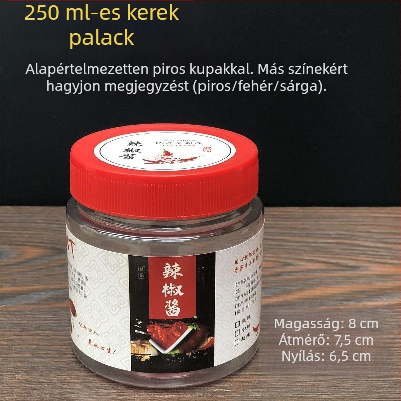 Élelmiszer-minőségű, átlátszó műanyag üveg fedéllel, hermetikus zárású, chiliszószhoz, 0,5 kg
