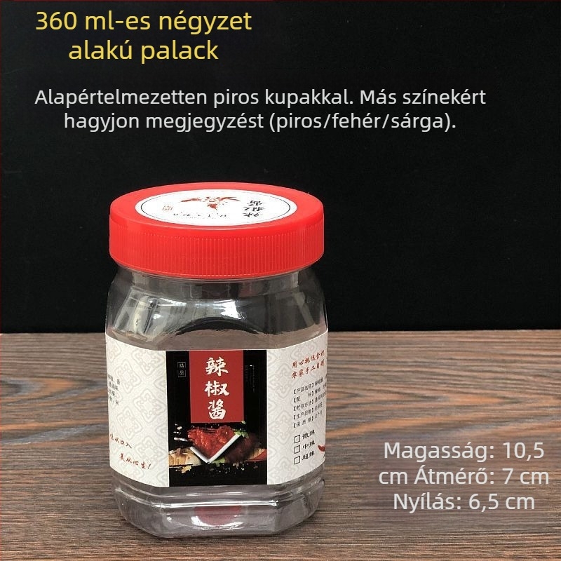 Élelmiszer-minőségű, átlátszó műanyag üveg fedéllel, hermetikus zárású, chiliszószhoz, 0,5 kg