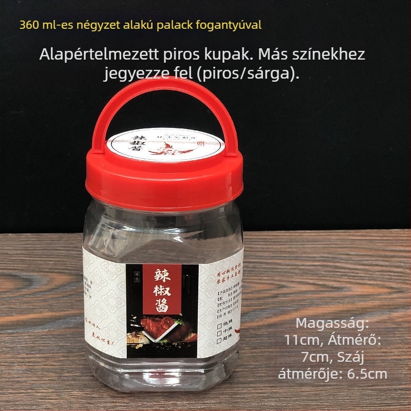 Élelmiszer-minőségű, átlátszó műanyag üveg fedéllel, hermetikus zárású, chiliszószhoz, 0,5 kg