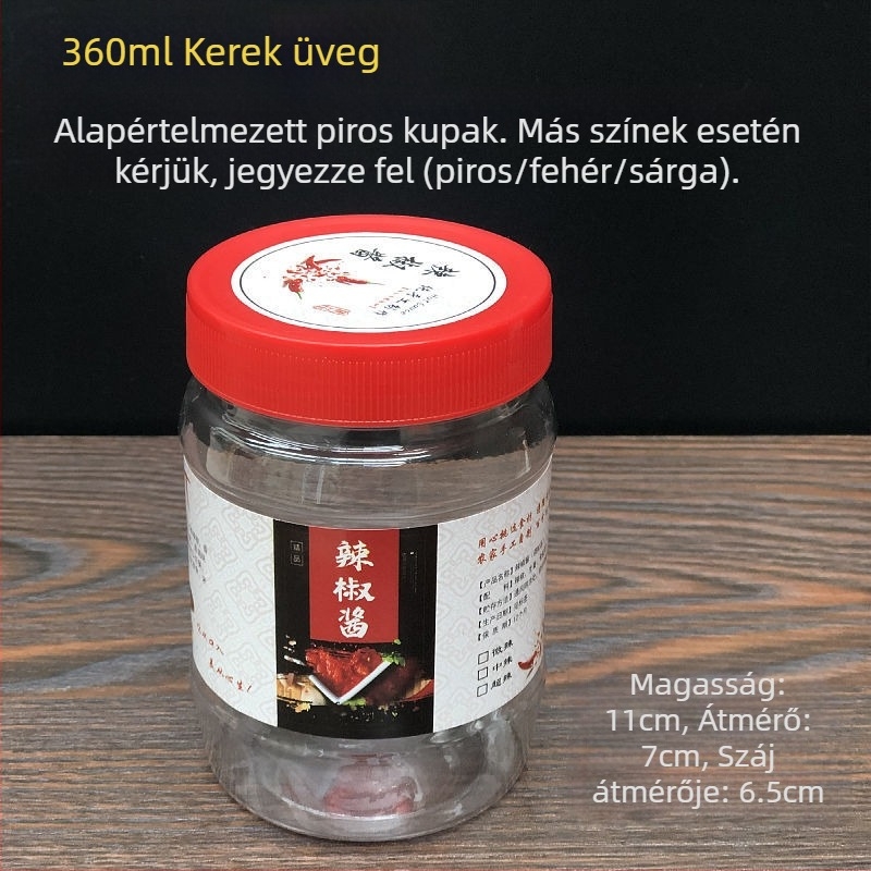 Élelmiszer-minőségű, átlátszó műanyag üveg fedéllel, hermetikus zárású, chiliszószhoz, 0,5 kg