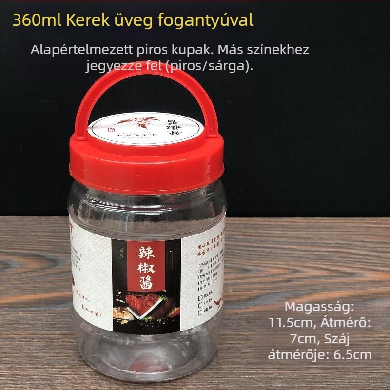 Élelmiszer-minőségű, átlátszó műanyag üveg fedéllel, hermetikus zárású, chiliszószhoz, 0,5 kg
