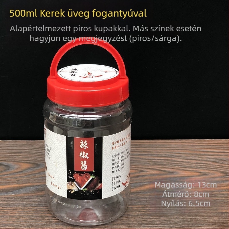 Élelmiszer-minőségű, átlátszó műanyag üveg fedéllel, hermetikus zárású, chiliszószhoz, 0,5 kg