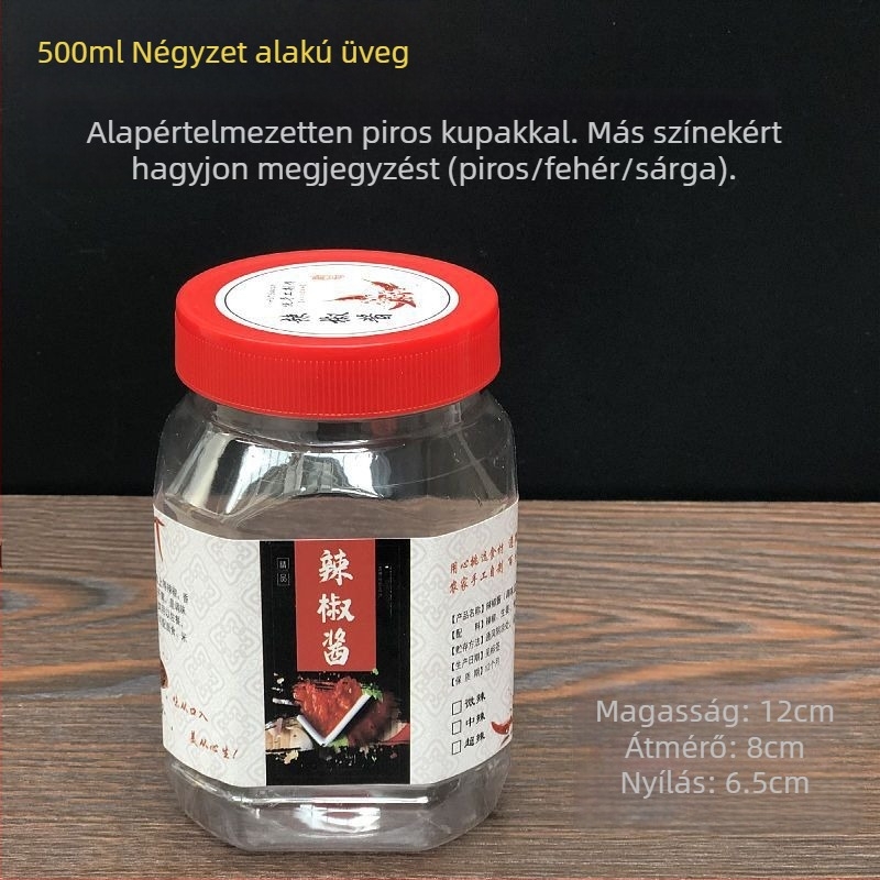 Élelmiszer-minőségű, átlátszó műanyag üveg fedéllel, hermetikus zárású, chiliszószhoz, 0,5 kg