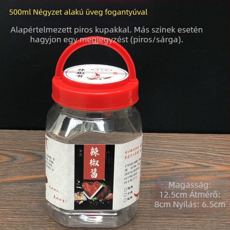 Élelmiszer-minőségű, átlátszó műanyag üveg fedéllel, hermetikus zárású, chiliszószhoz, 0,5 kg