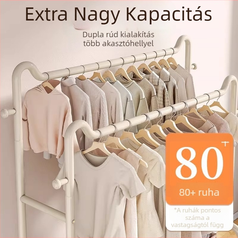 Padlóra álló ruhaszárító állvány kettős rúddal és tárolópolccal