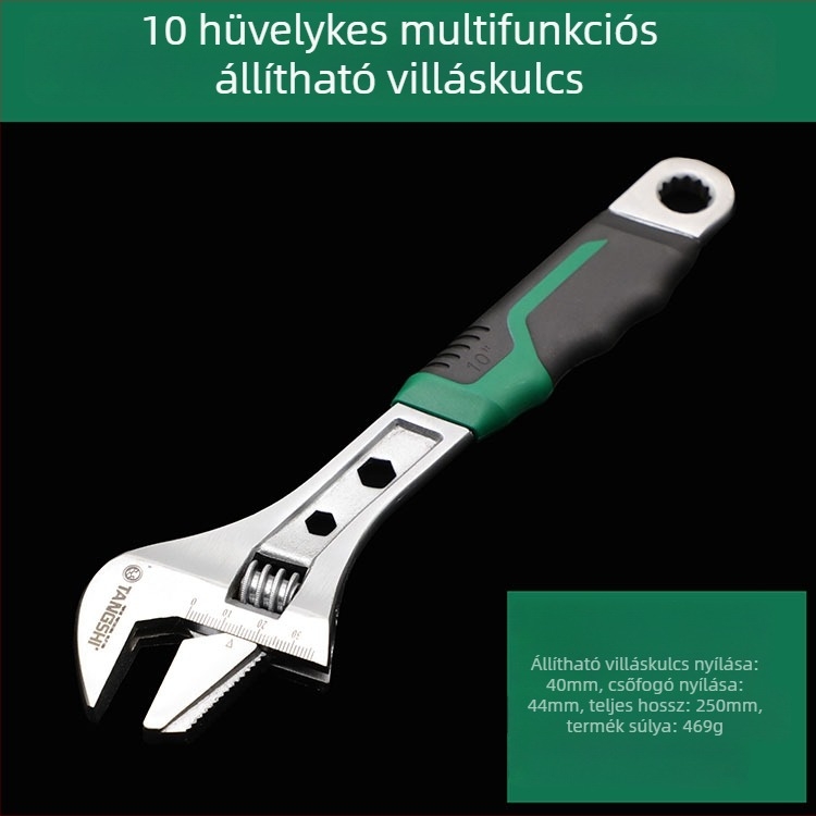 Nikkel-króm bevonatú állítható csavarkulcs, nagy nyílással, csövekhez és fürdőszobához, vastagított műanyag fogantyúval, teljesen polírozott, tartós