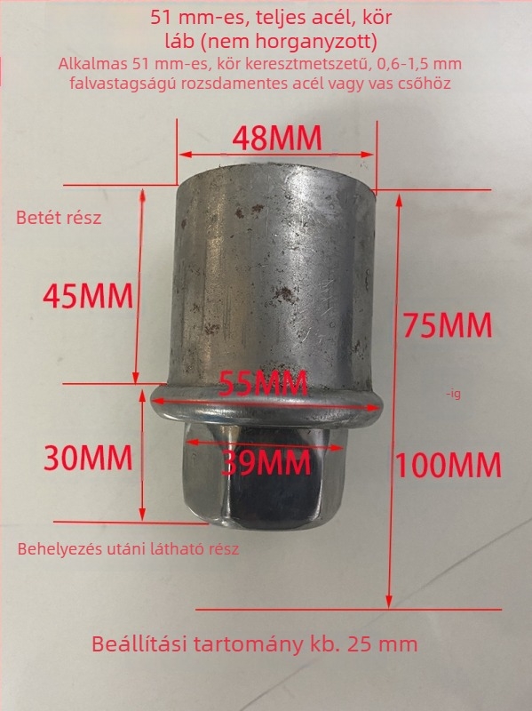 Rozsdamentes acél gravitációval állítható lábak munkapulthoz, polchoz, tűzhelyhez és szekrényhez, 38 mm kör keresztmetszetű cső, golyó alakú talppal, teljesen fémes kivitel