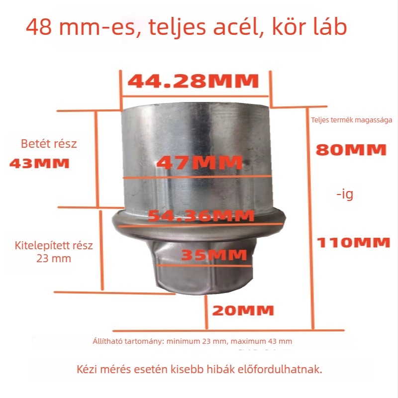Rozsdamentes acél gravitációval állítható lábak munkapulthoz, polchoz, tűzhelyhez és szekrényhez, 38 mm kör keresztmetszetű cső, golyó alakú talppal, teljesen fémes kivitel