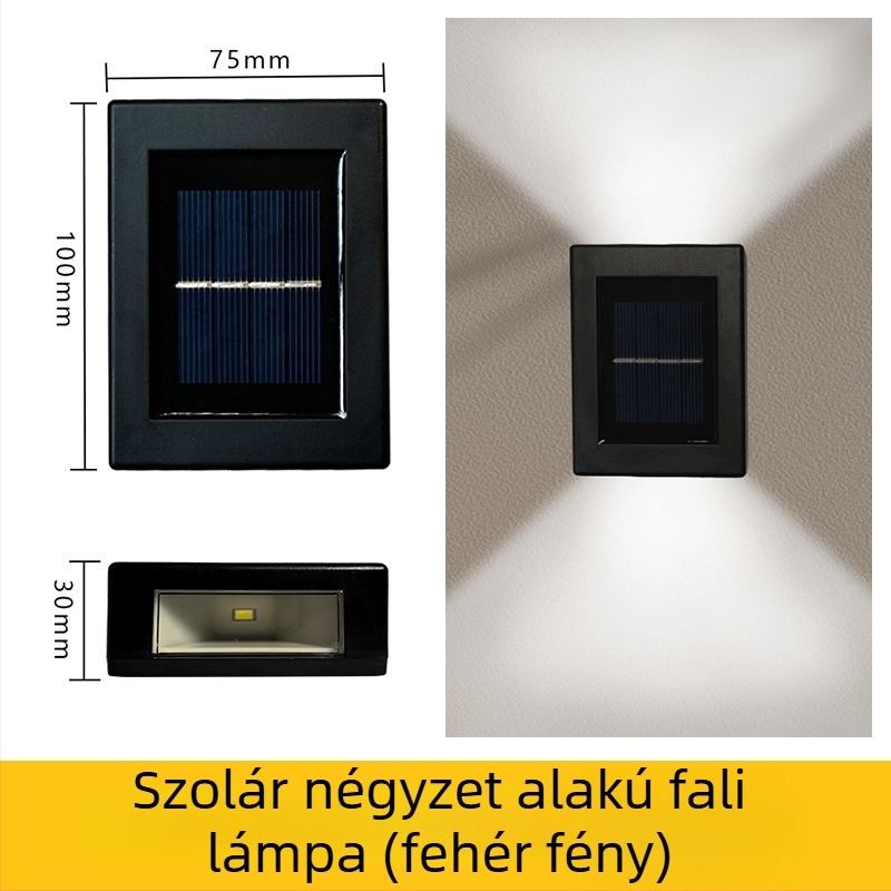 Napelemes kültéri kertfalikar – LED-es, felfelé és lefelé világítással, falmosó hatás, időjárásálló.