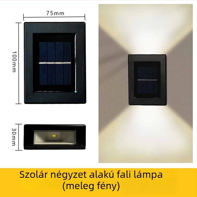 Napelemes kültéri kertfalikar – LED-es, felfelé és lefelé világítással, falmosó hatás, időjárásálló.