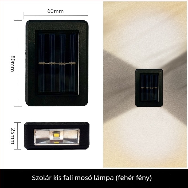 Napelemes kültéri kertfalikar – LED-es, felfelé és lefelé világítással, falmosó hatás, időjárásálló.