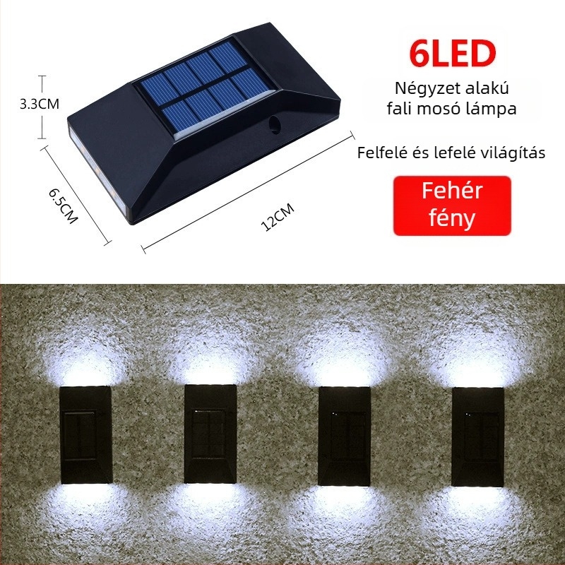 Napelemes kültéri kertfalikar – LED-es, felfelé és lefelé világítással, falmosó hatás, időjárásálló.