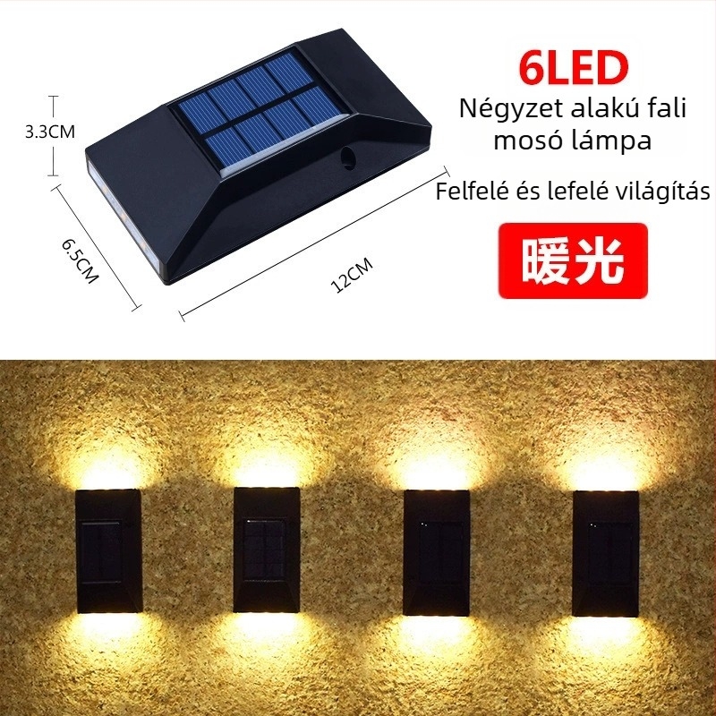 Napelemes kültéri kertfalikar – LED-es, felfelé és lefelé világítással, falmosó hatás, időjárásálló.