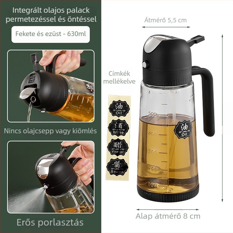 Üveg olajtartó permetezővel, kétfunkciós, mérőskálával, olajhoz, szójaszószhoz és ecethez