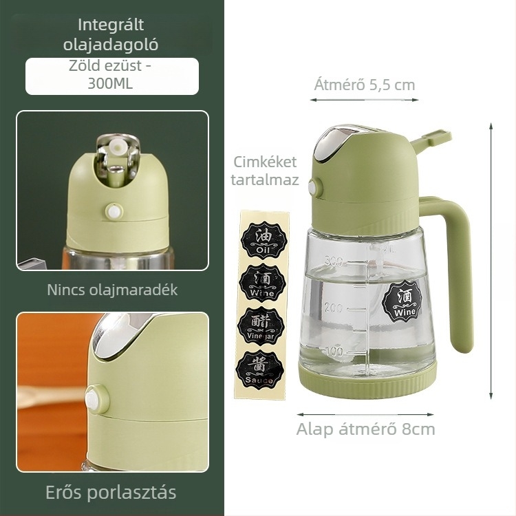 Üveg olajtartó permetezővel, kétfunkciós, mérőskálával, olajhoz, szójaszószhoz és ecethez
