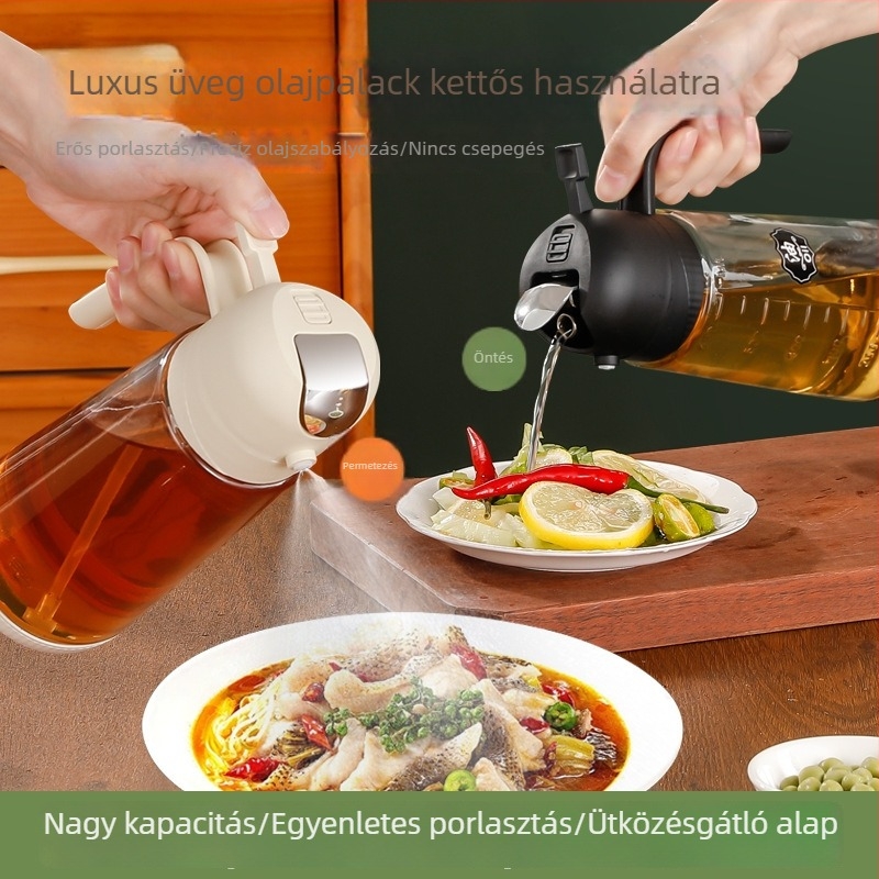 Üveg olajtartó permetezővel, kétfunkciós, mérőskálával, olajhoz, szójaszószhoz és ecethez