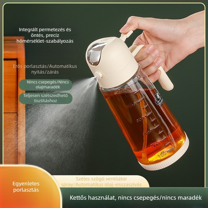 Üveg olajtartó permetezővel, kétfunkciós, mérőskálával, olajhoz, szójaszószhoz és ecethez