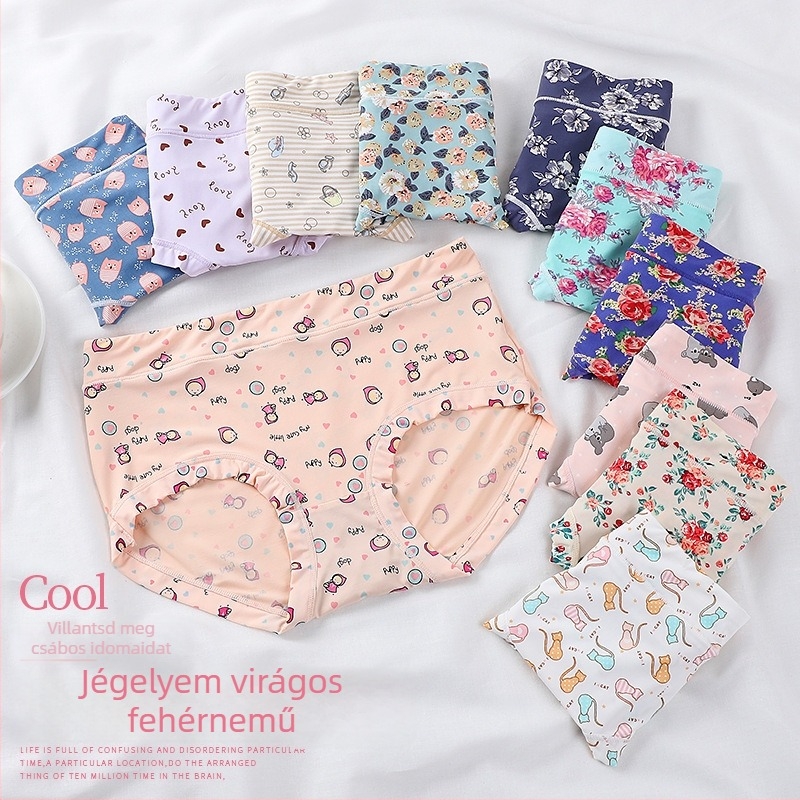 Szellőző ice silk női alsónemű lányoknak, aranyos mesés mintával, középmagas derékvonal, pamut bélés