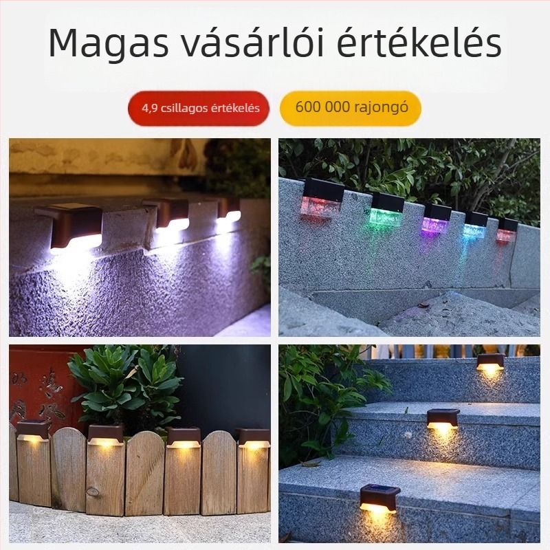 Napelemes kültéri világítás udvarra és kertre, vízálló lépcsőfények, falikarok és korlátdísz dekoráció