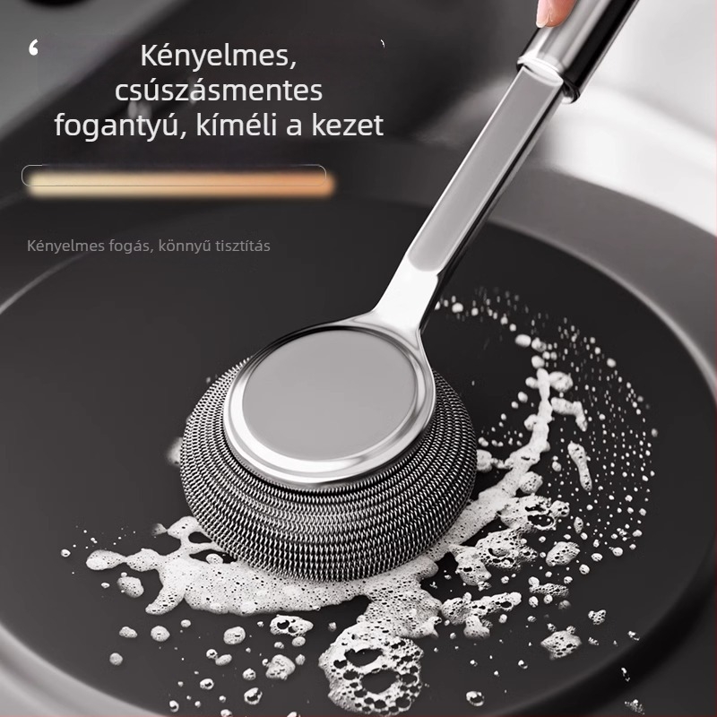 Hosszú nyelű rozsdamentes acél fazék keféje – drótgolyós súroló edények tisztításához