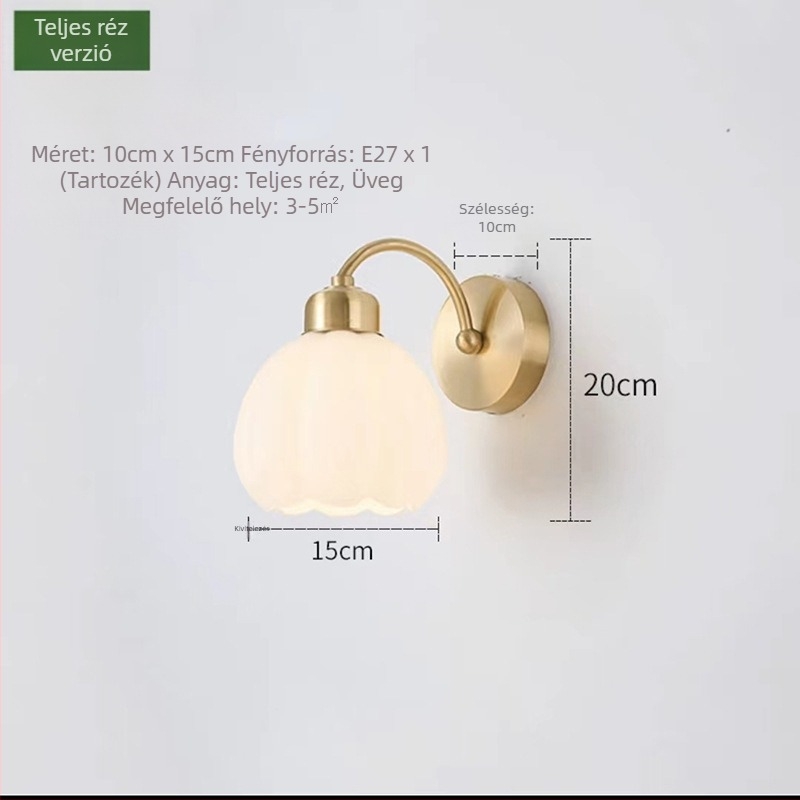 Teljesen rézből készült minimalist falikar hálószobába, húzókapcsolóval, kompakt Nordic Cream stílus, üveg árnyékoló