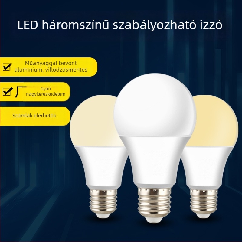 LED izzó E27 háromszínű fényforrással és állítható fényerővel, műanyag bevonatú alumínium test, 1800 lm, 220V, CRI 80, PF 0.7