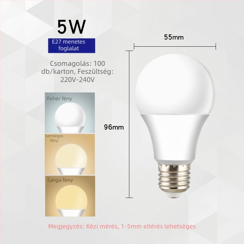 LED izzó E27 háromszínű fényforrással és állítható fényerővel, műanyag bevonatú alumínium test, 1800 lm, 220V, CRI 80, PF 0.7