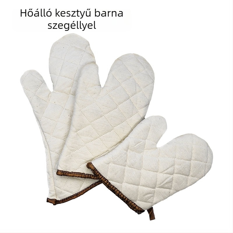 Pamut sütőkesztyű, hővédő és hőálló, ezüstös és zöld mintás rács, durva szövet, fekete és barna él, hossza 22–36 cm.