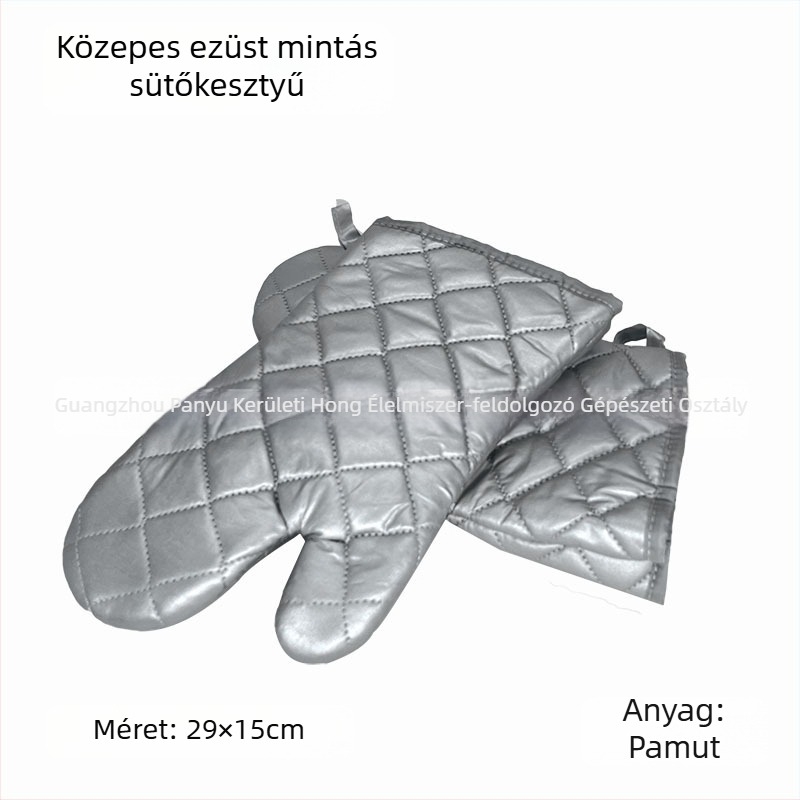 Pamut sütőkesztyű, hővédő és hőálló, ezüstös és zöld mintás rács, durva szövet, fekete és barna él, hossza 22–36 cm.