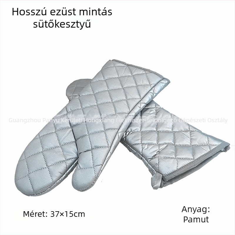 Pamut sütőkesztyű, hővédő és hőálló, ezüstös és zöld mintás rács, durva szövet, fekete és barna él, hossza 22–36 cm.