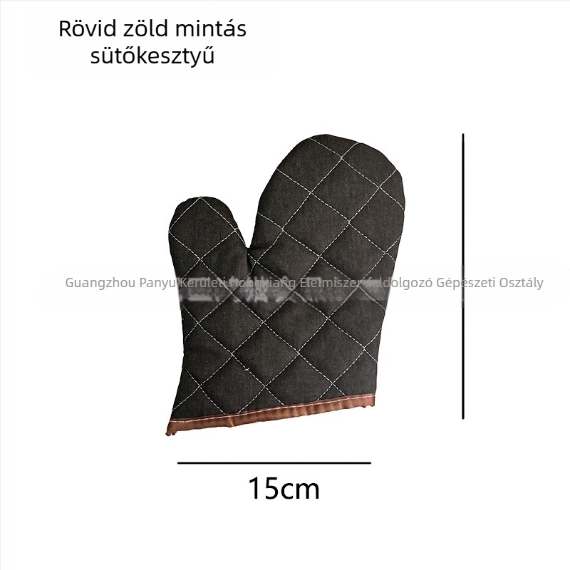 Pamut sütőkesztyű, hővédő és hőálló, ezüstös és zöld mintás rács, durva szövet, fekete és barna él, hossza 22–36 cm.