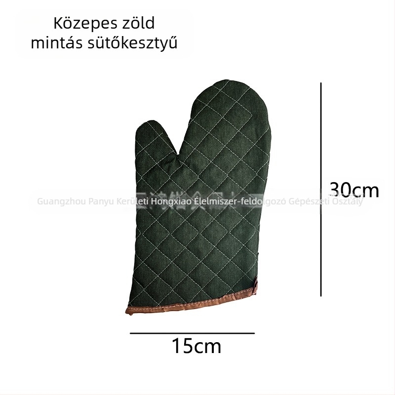 Pamut sütőkesztyű, hővédő és hőálló, ezüstös és zöld mintás rács, durva szövet, fekete és barna él, hossza 22–36 cm.