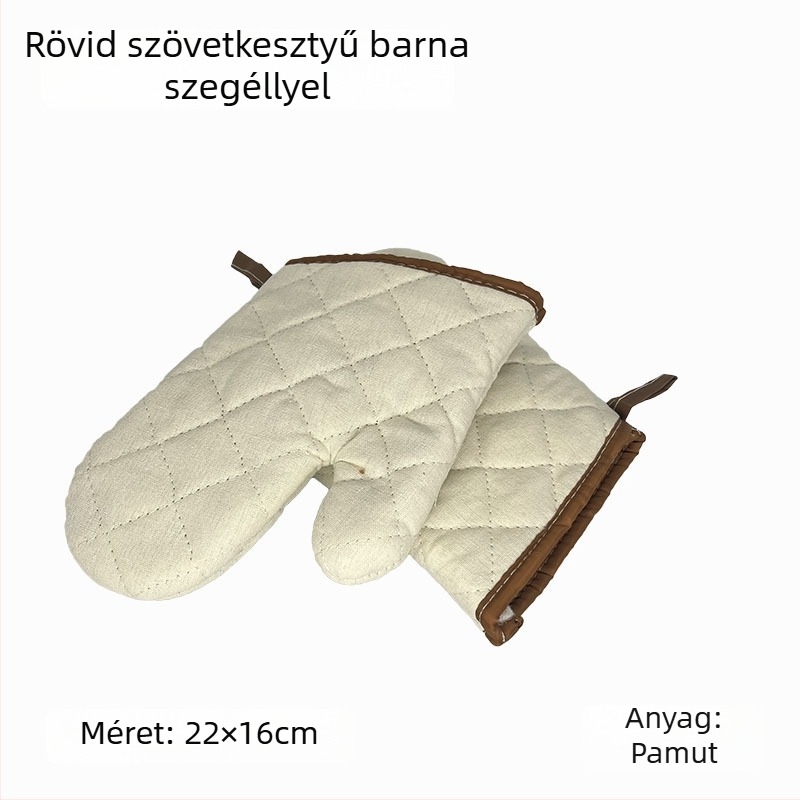 Pamut sütőkesztyű, hővédő és hőálló, ezüstös és zöld mintás rács, durva szövet, fekete és barna él, hossza 22–36 cm.