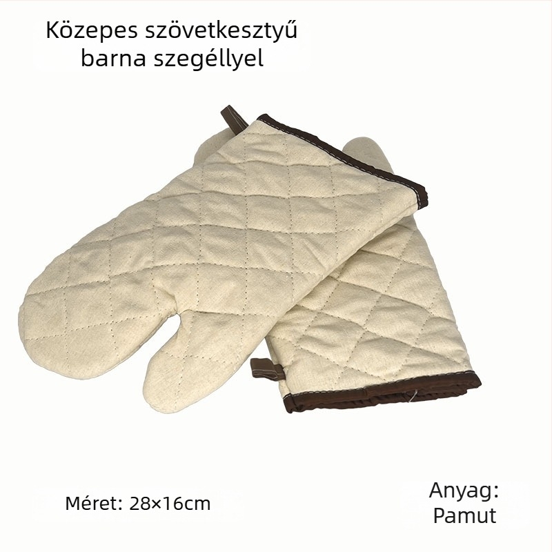 Pamut sütőkesztyű, hővédő és hőálló, ezüstös és zöld mintás rács, durva szövet, fekete és barna él, hossza 22–36 cm.