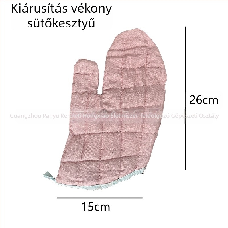 Pamut sütőkesztyű, hővédő és hőálló, ezüstös és zöld mintás rács, durva szövet, fekete és barna él, hossza 22–36 cm.
