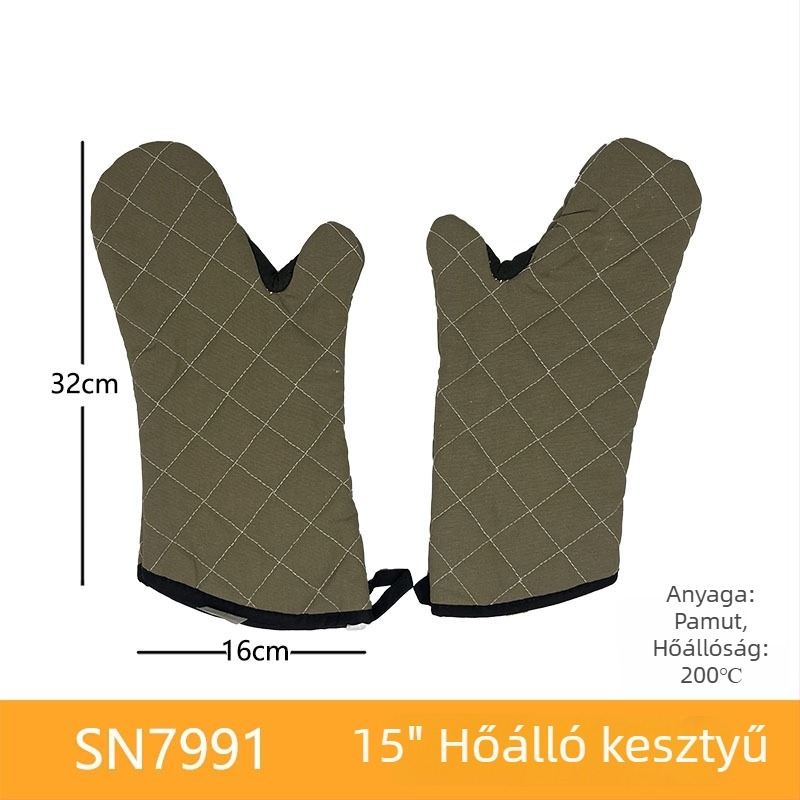 Pamut sütőkesztyű, hővédő és hőálló, ezüstös és zöld mintás rács, durva szövet, fekete és barna él, hossza 22–36 cm.