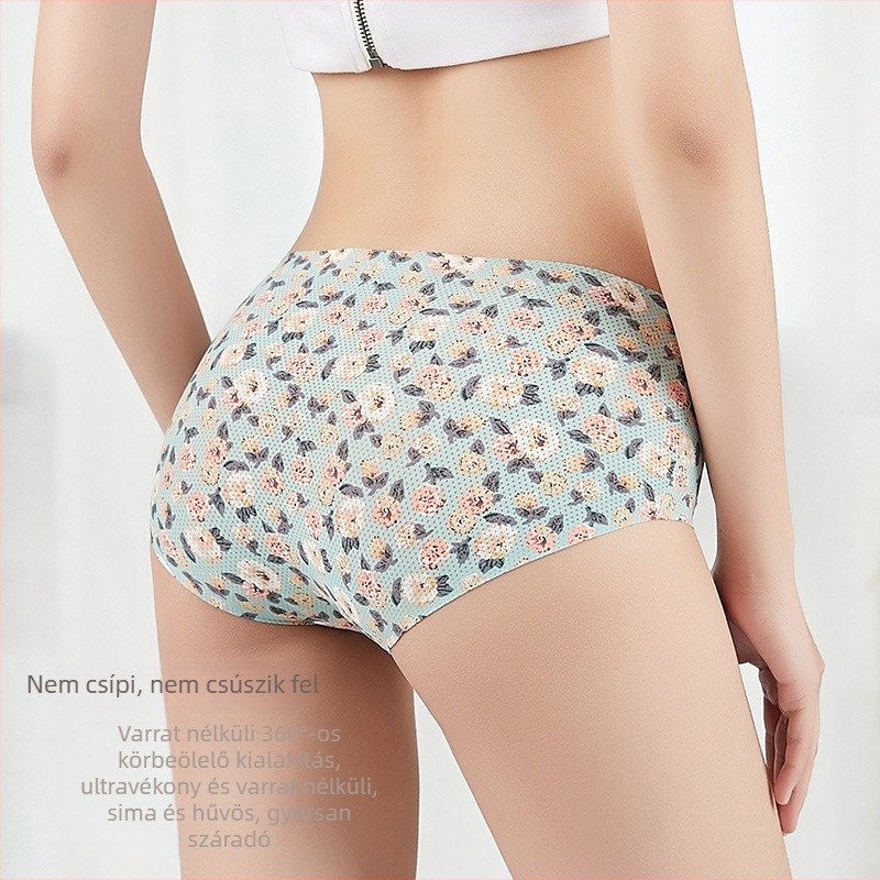 Női alsónemű középmagas derekú Ice Silk anyagból, virágmintás, légáteresztő, pamutbetéttel, könnyű nyári stílus, Plus Size