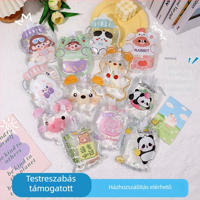 Téli szigetelt rajzfilmszerű kézmelegítő, átlátszó vízzel tölthető palack, mini kézitáska