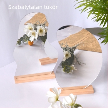 keret nélküli akril smink- és öltözködő tükör asztali használatra, fa talppal