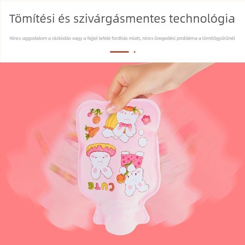 Gyerekeknek szánt kis plüss melegvíz-palack, aranyos rajzfilmszerű dizájn – kézmelegítő és hasmelegítő, vízzel töltve