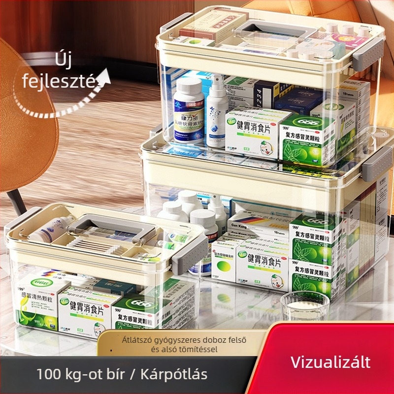 Nagy kapacitású átlátszó gyógyszer-tároló doboz, többszintű kialakítással otthoni elsősegélyhez.