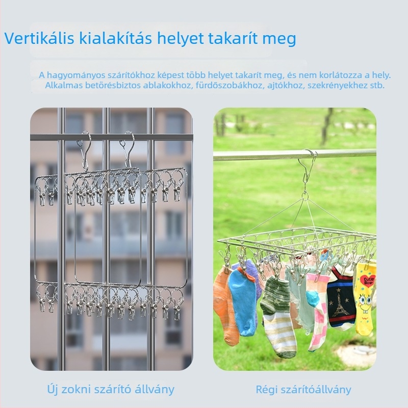 Rozsdamentes acél ruhaszárító akasztó több klippel zoknikhoz és fehérneműkhöz, erkélyhez, szélvédett, helytakarékos szárítás