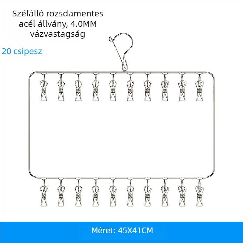Rozsdamentes acél ruhaszárító akasztó több klippel zoknikhoz és fehérneműkhöz, erkélyhez, szélvédett, helytakarékos szárítás