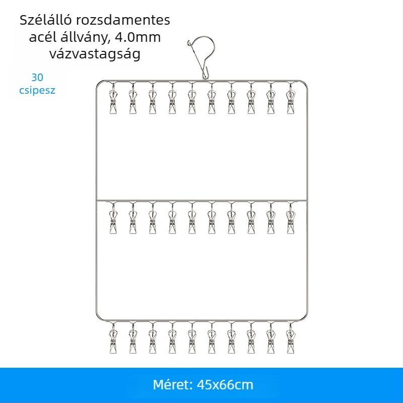 Rozsdamentes acél ruhaszárító akasztó több klippel zoknikhoz és fehérneműkhöz, erkélyhez, szélvédett, helytakarékos szárítás