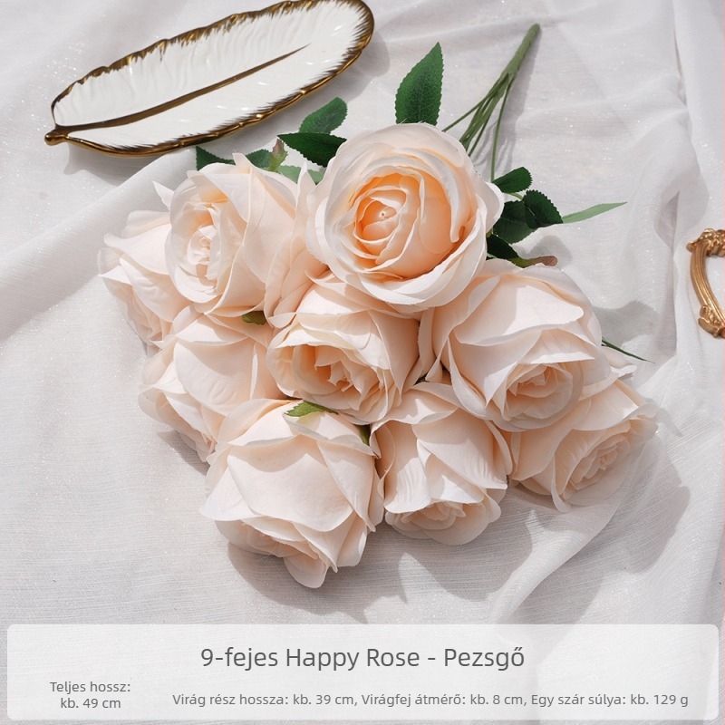 Kilenc szál mű rózsa selyemből készült bukett, elegáns megjelenés, nappali dekorációhoz és esküvői virágdíszítéshez.